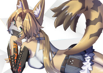 1girl absurdres animal_ear_fluff animal_ears blonde_hair breasts cat_ears cat_girl cat_tail comaya commentary_request covered_mouth detached_sleeves furry furry_female green_eyes highres large_breasts long_hair long_sleeves looking_at_viewer mask mouth_mask pulchra_fellini short_shorts shorts sideboob solo tail yellow_fur zenless_zone_zero