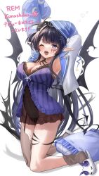 Rule 34 | 1girl, absurdres, arm up, armpits, asymmetrical legwear, babydoll, black garter straps, black hair, black wings, blue eyes, blue hat, breasts, covered navel, crescent print, demon tail, demon wings, earrings, garter straps, hat, highres, jewelry, large breasts, letter hair ornament, maison de cante, mole, mole on breast, mole on thigh, multicolored hair, one eye closed, open mouth, open pajamas, pajamas, pointy ears, purple babydoll, purple hair, rem kanashibari, single garter strap, single sock, single thighhigh, slippers, socks, solo, star (symbol), star print, streaked hair, stretching, striped babydoll, tail, thighhighs, v4mirai, virtual youtuber, white pajamas, wings