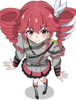 1girl :3 absurdres black_boots black_skirt blush boots buttons double-breasted drill_hair frilled_skirt frills from_above full_body grey_jacket grey_skirt hair_between_eyes hair_ribbon hashtag-only_commentary highres jacket kasane_teto kasane_teto_(sv) lace-up_boots layered_skirt long_sleeves lonsooooooooo looking_at_viewer looking_up musical_staff musical_staff_print pink_eyes red_hair red_trim ribbon shadow shoulder_belt shoulder_boards sidelocks simple_background skirt solo standing synthesizer_v twin_drills white_background white_ribbon
