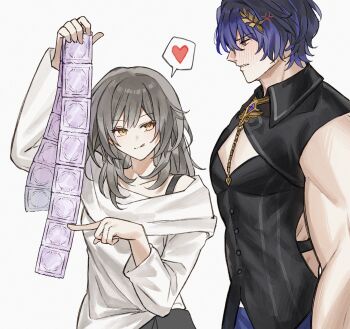 1boy 1girl :q absurdres anger_vein black_shirt blush clenched_teeth condom condom_packet_strip condom_wrapper dr._ratio_(honkai:_star_rail) dr._ratio_(star_rail_live_2025)_(honkai:_star_rail) furrowed_brow grey_hair hair_ornament heart hetero highres holding holding_condom honkai:_star_rail honkai_(series) ikasuyosei licking_lips long_sleeves looking_at_another looking_to_the_side medium_hair meme muscular muscular_male pectoral_cleavage pectorals pointing pointing_at_object pointing_to_the_side purple_hair red_eyes shirt short_hair simple_background sleeveless spoken_heart stelle_(honkai:_star_rail) teeth tongue tongue_out trailblazer_(honkai:_star_rail) upper_body when_you_piss_off_your_girlfriend_and_she_decides_to_drain_you_dry_tonight_(meme) white_background white_shirt yellow_eyes