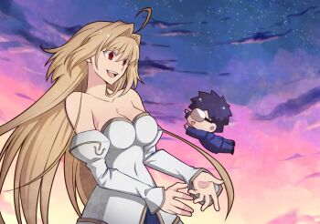 1boy 1girl :d ahoge archetype_earth arcueid_brunestud bare_shoulders black_hair blonde_hair blue_skirt breasts chibi chibi_inset cleavage couple dress glasses gold_trim hair_intakes happy hirakawa hug imminent_hug long_hair looking_at_another melty_blood open_mouth reaching reaching_towards_another red_eyes school_uniform short_hair skirt sky smile star_(sky) starry_sky tohno_shiki tsukihime very_long_hair wavy_hair white_dress