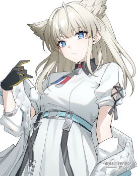 Rule 34 | 1girl, :/, absurdres, adapted costume, animal ears, arknights, arknights: endfield, asiri senpai, bird ears, bird girl, black gloves, blonde hair, blue eyes, breasts, commentary, dress, gloves, highres, jacket, medium breasts, off shoulder, perlica (arknights), simple background, solo, twitter username, white background, white dress, white jacket, yellow pupils
