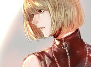 1boy bare_shoulders black_shirt blonde_hair bob_cut death_note grey_background hair_between_eyes male_focus mello_(death_note) no_eyebrows pale_skin pan2ca parted_lips shirt short_hair sleeveless sleeveless_turtleneck solo turtleneck upper_body zipper zipper_pull_tab