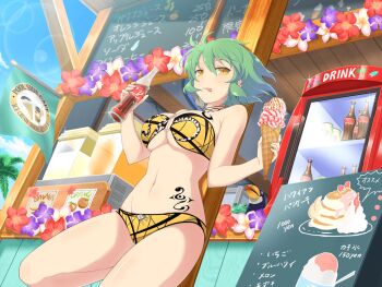1girl :p armpit_crease bikini bird blue_flower blush bottle breast_tattoo breasts cleavage coca-cola cola drink flag flower food food_stand frog game_asset green_hair groin hibiscus hikage_(senran_kagura) hip_tattoo holding holding_bottle holding_food holding_ice_cream holding_ice_cream_cone ice_cream ice_cream_cone large_breasts leaning lens_flare linea_alba looking_at_viewer menu_board multiple_scoops navel o-ring o-ring_bikini official_alternate_costume official_art palm_leaf pink_flower red_flower senran_kagura senran_kagura_new_link short_hair slit_pupils snake_tattoo soda soda_bottle solo sparkle standing standing_on_one_leg strapless strapless_bikini swimsuit tattoo tongue tongue_out toucan underboob visual_novel_cg waffle_cone yellow_bikini yellow_eyes