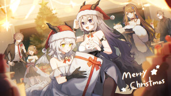 2boys 4girls bare_shoulders bell black_gloves black_jacket black_pants breasts brown_eyes brown_hair cake choker christmas_tree cleavage commentary_request cup dress drinking_glass food gloves grey_hair hat highres holding holding_cake holding_food horns jacket jingle_bell kino_(m6t2a) long_hair merry_christmas multiple_boys multiple_girls neck_bell original pants pillow purple_eyes santa_hat strapless strapless_dress wine_glass yellow_eyes