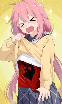 &gt;_&lt; 1girl azumawari_(azumofu) black_sailor_collar blush closed_eyes clothes_lift clothes_pull commentary_request facing_viewer grey_skirt hair_between_eyes highres kagamihara_nadeshiko lifting_own_clothes long_hair long_sleeves low_twintails motosu_school_uniform open_mouth pink_hair pleated_skirt red_shirt sailor_collar school_uniform shirt sidelocks skirt smile solo sweater sweater_lift sweater_pull teeth twintails upper_teeth_only white_shirt yellow_sweater yurucamp