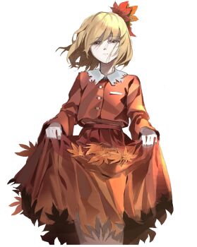 Rule 34 | 1girl, aki shizuha, blonde hair, bruce 1354, chinese commentary, closed mouth, commentary request, hair ornament, highres, holding own skirt, leaf, leaf hair ornament, long sleeves, looking at viewer, maple leaf, medium hair, orange eyes, orange shirt, orange skirt, shirt, simple background, skirt, skirt basket, solo, touhou, white background