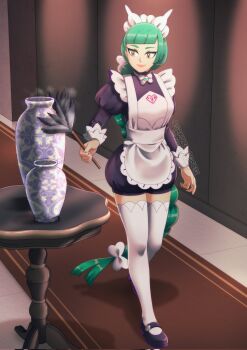 1girl apron black_romper blunt_bangs bow bowtie braid braided_ponytail green_hair half-closed_eye highres juliet_sleeves lebanne_(pokemon) long_braid long_hair long_sleeves maid maid_apron maid_headdress mega_stone nintendo pokemon pokemon_legends:_z-a puffy_sleeves romper sakurarose12 smile thighhighs white_bow white_bowtie white_thighhighs
