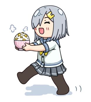Rule 34 | 1girl, black pantyhose, bowl, chestnut, closed eyes, commentary request, full body, grey hair, grey sailor collar, grey skirt, hair ornament, hair over one eye, hairclip, hama! (3toshinhmkz), hamakaze (kancolle), kantai collection, neckerchief, no nose, open mouth, pantyhose, pleated skirt, rice, rice bowl, sailor collar, school uniform, serafuku, short hair, simple background, skirt, smile, solo, walking, white background, yellow neckerchief