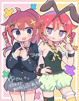 Rule 34 | 2girls, :d, :p, absurdres, ahoge, akanbe, bare shoulders, black jacket, blazer, blonde streaks, blush stickers, breasts, brown hair, closed mouth, collared shirt, commentary request, commission, covered navel, cowboy shot, double-parted bangs, eyelid pull, green leotard, green shorts, grey skirt, hair between eyes, hand up, hands up, highres, jacket, layered sleeves, leotard, long hair, long sleeves, looking at viewer, miniskirt, multicolored hair, multiple girls, open mouth, original, outline, pink background, pleated skirt, polka dot, polka dot background, ponytail, red hair, richard (richaball), sample watermark, shirt, short hair, shorts, skeb commission, skirt, small breasts, smile, strapless, strapless leotard, streaked hair, sweatdrop, tongue, tongue out, two-tone background, watermark, white outline, white shirt, x fingers, yellow background