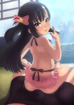 1boy 1girl :p absurdres ass back backless_outfit bare_back bare_shoulders barefoot black_hair black_shorts blue_sky blush bow bracelet bulge buttjob buttjob_over_clothes closed_mouth dark-skinned_female dark_skin day earlette_(icemega5) eroartdraw feet from_behind hair_bow highres huge_filesize indoors jewelry loli long_hair looking_at_viewer looking_back miniskirt naughty_face original panties pink_skirt pov purple_eyes shirt shorts sitting sitting_on_person skirt sky smile tatami teasing toes tongue tongue_out twintails underwear white_panties white_shirt