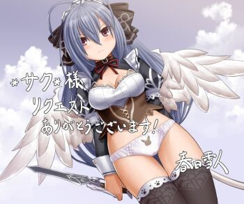 Rule 34 | 1girl, antenna hair, apron, black bow, black shirt, black thighhighs, bow, breasts, brown corset, brown eyes, cleavage, cloud, commentary request, commission, commissioner name, corset, emil chronicle online, grey background, grey hair, hair bow, holding, holding knife, kasuga yukihito, knife, long hair, maid headdress, mitama kyrie, neck ribbon, no pants, panties, print panties, red ribbon, reverse grip, ribbon, shirt, solo, thank you, thighhighs, underwear, white apron, white panties, white wings, wings