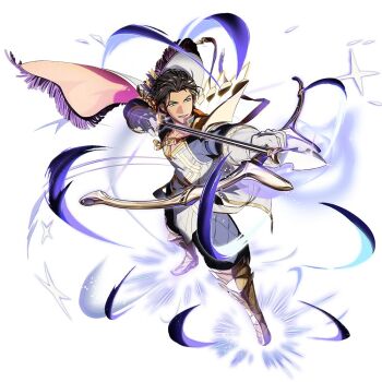 Rule 34 | 1boy, armor, armored boots, black pants, black tunic, boots, bow (weapon), brown hair, cape, claude von riegan, claude von riegan (almyra's king) (resplendent), claude von riegan (timeskip), commentary, dark-skinned male, dark skin, dd (vktr4837), english commentary, epaulettes, fighting stance, fire emblem, fire emblem: three houses, fire emblem heroes, full body, gloves, green eyes, holding, holding bow (weapon), holding weapon, looking at viewer, male focus, nintendo, official alternate costume, official art, pants, parted lips, short hair, shoulder armor, simple background, single epaulette, smile, solo, third-party source, tunic, weapon, white background, white cape, white gloves, white tunic, yellow cape