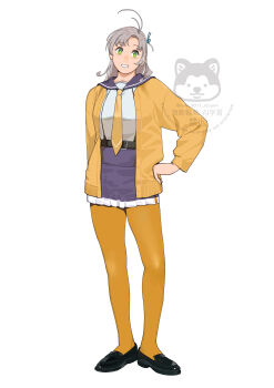 1girl absurdres adapted_costume antenna_hair black_shoes full_body green_eyes grey_hair highres jacket kantai_collection kinugasa_(kancolle) kinugasa_kai_ni_(kancolle) medium_hair ojipon pantyhose pleated_skirt purple_sailor_collar purple_skirt sailor_collar school_uniform serafuku shoes simple_background skirt solo watermark white_background yellow_jacket yellow_pantyhose
