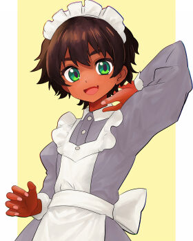 1girl absurdres apron black_hair border buttons collared_dress commentary dark-skinned_female dark_skin dress fang green_eyes grey_dress gundam gundam_gquuuuuux highres long_sleeves looking_at_viewer maid maid_apron maid_headdress outside_border pillarboxed pink_nails short_hair skin_fang solo tsukiyono_aroe vani_(gundam) white_apron white_border