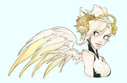 Rule 34 | 1girl, absurdres, artist name, bare shoulders, blonde hair, blue background, blue eyes, breasts, cropped torso, dress, feather trim, feathered wings, flower, hair between eyes, hair flower, hair ornament, halo, highres, medium breasts, mercy (overwatch), overwatch, parted lips, ponytail, skirtzzz, smile, solo, swept bangs, white dress, white wings, wings
