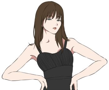 12_07sh 1girl aegyo_sal blue_eyes blunt_bangs brown_hair gfriend hands_on_own_hips hashtag-only_commentary highres long_hair looking_at_viewer parted_lips pink_lips simple_background solo upper_body white_background yerin_(gfriend)