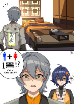 1boy 1girl absurdres bed belle_(delicate_sunlight)_(zenless_zone_zero) belle_(zenless_zone_zero) blanket blue_hair brother_and_sister cup english_text green_eyes grey_hair highres implied_incest jpno official_alternate_costume pillow saucer siblings smile speech_bubble surprised sweatdrop table teacup teapot tongue tongue_out wise_(soaring_crane)_(zenless_zone_zero) wise_(zenless_zone_zero) zenless_zone_zero