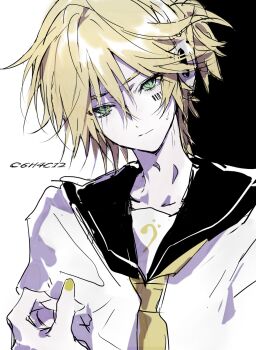 1boy barcode barcode_tattoo bass_clef black_background blonde_hair closed_mouth collarbone empty_eyes expressionless facial_tattoo green_eyes hair_between_eyes hanaseto head_tilt headphones highres kagamine_len kagamine_len_(strange_dark) looking_at_viewer male_focus necktie official_alternate_costume official_alternate_eye_color pale_skin paradichlorobenzene_(vocaloid) project_diva_(series) project_diva_extend sailor_collar sailor_shirt shirt short_sleeves sidelocks sketch solo tattoo two-tone_background vocaloid white_background white_shirt yellow_nails yellow_necktie