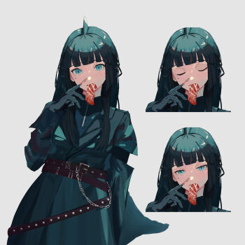 1girl absurdres artemis_of_the_blue atelier_live belt belt_buckle black_gloves blood blood_on_face blue_eyes blunt_bangs buckle chain closed_eyes closing_eyes multiple_expressions gloves grey_background hair_ribbon highres long_sleeves mole mole_under_eye multiple_belts nocebo raw_meat ribbon shark_fin shark_girl sidelocks smeared_blood solo studded_belt virtual_youtuber