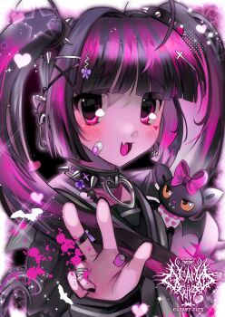 1girl 2000s_(style) bat_(animal) black_hair black_serafuku choker colored_skin commentary count_fabulous draculaura fang faux_retro_artstyle gleamyguts highres long_hair looking_at_viewer monster_high monster_high_(g1) multicolored_hair open_mouth pink_eyes pink_hair pink_skin school_uniform serafuku skin_fang smile solo spiked_choker spikes twintails vampire w watermark