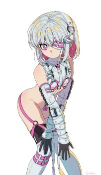 1girl absurdres bare_shoulders bondage_outfit commentary_request crotch_strap dohna_dohna_issho_ni_warui_koto_o_shiyou expressionless eyepatch flat_chest highres layered_gloves lock looking_at_viewer multicolored_hair padlock pink_eyes pink_hair porno_(dohna_dohna) qianyin_lixing revealing_clothes short_hair solo thigh_gap two-tone_hair white_hair