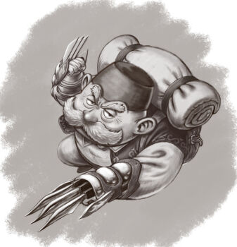 1boy artist_request backpack bag bedroll claws dragon_quest dragon_quest_xi facial_hair fez_hat gauntlets greyscale hat highres monochrome mustache old old_man row_(dq11) solo vest