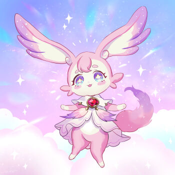 Rule 34 | blue eyes, blush, commentary request, dress, floating, full body, gem, highres, honkai: star rail, honkai (series), long hair, mem (honkai: star rail), nanjo maya, no humans, open mouth, partial commentary, pink fur, red gem, star-shaped pupils, star (symbol), symbol-shaped pupils, tail, white dress