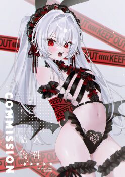 1girl absurdres animal_ears arms_behind_back bat_wings black_garter blush bound bound_arms breasts bright_pupils caution_tape center_frills chest_harness commentary commission copyright_air diamond-shaped_pupils diamond_(shape) fake_animal_ears fangs frilled_garter frilled_thigh_strap frills hair_intakes harness heart heart_o-ring highres keep_out long_hair low_wings navel o-ring original rabbit_ears red_eyes small_breasts solo stomach sweatdrop symbol-shaped_pupils thigh_strap twintails vampire vanya_(fymrie) very_long_hair white_hair white_pupils wings