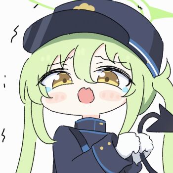 1girl animated animated_gif blue_archive blush_stickers chibi commentary demon_tail fangs furrowed_brow gloves green_hair green_halo hair_between_eyes halo hands_up hat high_collar holding_own_tail jacket long_hair long_sleeves looking_at_viewer motion_lines no_nose nozomi_(blue_archive) open_mouth raised_eyebrows sidelocks skin_fangs solo tail tearing_up trembling twintails umihio white_gloves