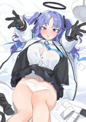 Rule 34 | black gloves, blue archive, blue eyes, blue hair, breasts, cleavage, djheycha, gloves, hair intakes, halo, highres, jacket, large breasts, long hair, lying, necktie, on back, on bed, open clothes, open shirt, outstretched arms, panties, school uniform, skirt, twintails, underwear, white panties, yuuka (blue archive)