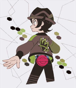 1boy belt black_hair black_hat black_pants blue_belt brown_eyes closed_mouth cropped_legs from_behind hat jacket long_sleeves looking_ahead male_focus nintendo outstretched_arm pants paxton_(pokemon) pokemon pokemon_legends:_z-a solo tanba_(tanba-art) white_background