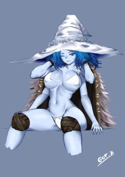 1girl absurdres arms_at_sides arms_behind_head arms_up artist_name bikini blue_background blue_eyes blue_hair blue_skin blue_theme breasts cape closed_mouth colored_skin doll_girl elden_ring extra_arms eyebrows eyelashes feet_out_of_frame female_focus got_ji_(gojich1) grey_cape hat highres large_breasts long_hair looking_at_viewer matching_hair/eyes navel one_eye_closed ranni_the_witch simple_background sitting solo spread_legs swimsuit white_bikini white_hat witch_hat