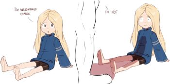 arm_support artist_request bare_legs barefoot bike_shorts blonde_hair blue_jacket capcom constricted_pupils diana_(pragmata) english_text jacket loli penis penis_shadow penis_size_difference pragmata shadow shorts simple_background sitting size_difference soles white_background