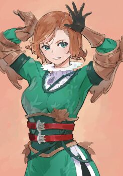 1girl armor arms_up belt blue_eyes breasts dress final_fantasy final_fantasy_tactics_a2 final_fantasy_tactics_advance frimelda_lotice gauntlets green_dress looking_at_viewer medium_breasts nakade1 pauldrons short_hair shoulder_armor side_slit simple_background smile solo teeth upper_body upper_teeth_only