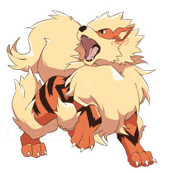 Rule 34 | arcanine, claws, commentary request, fangs, full body, gen 1 pokemon, highres, kechon-san, looking to the side, neck ruff, nintendo, no humans, open mouth, pokemon, pokemon (creature), simple background, striped fur, tongue, twitter username, white background