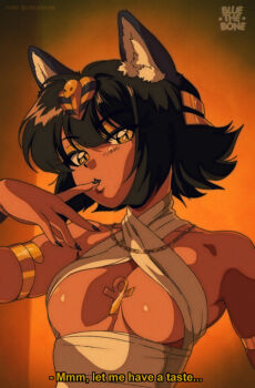 1990s_(style) 1girl ancient_egyptian animal_crossing animal_ear_fluff ankh ankha_(animal_crossing) armlet black_hair black_nails bluethebone bob_cut breasts cat_girl dark_skin english_text finger_in_own_mouth gradient_background halterneck highres humanization jewelry nail_polish nintendo orange_background photo-referenced reference_work retro_artstyle short_hair solo underboob upper_body uraeus yellow_background yellow_eyes