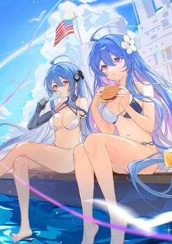 2girls ahoge american_flag ariko_(aaaaarik) artist_name azur_lane bare_legs barefoot battleship bikini blue_bikini blue_hair blue_sky breasts burger chewing cleavage cloud colored_inner_hair commentary commission day dual_persona eating elbow_gloves english_commentary flower food gloves hair_flower hair_ornament helena_(azur_lane) helena_(meta)_(azur_lane) helena_(shimmering_triangle_wave)_(azur_lane) highres licking long_hair medium_breasts military_vehicle multicolored_bikini multicolored_hair multiple_girls navel official_alternate_costume outdoors popsicle purple_eyes purple_hair red_eyes ship signature sitting sky stomach swimsuit tropical_drink two-tone_bikini two-tone_hair very_long_hair warship watercraft white_bikini
