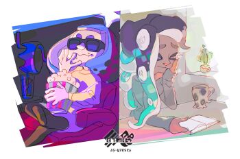 2girls 3d_glasses black_hair book cephalopod_eyes commentary crossed_legs cup dark-skinned_female dark_skin food inkling inoue_seita long_hair marina_(splatoon) mug multiple_girls nintendo octoling official_art pearl_(splatoon) popcorn reading short_hair smile splatoon_(series) splatoon_2 split_screen tentacle_hair watching