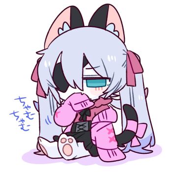 1boy animal_ear_fluff animal_ears black_choker black_corset black_skirt black_tail blue_eyes blue_hair blush bow cardigan cat_boy cat_ears cat_tail chibi chibi_only choker clothes_in_mouth collared_shirt colored_tips commentary_request corset crossdressing crossdressing_(mtf) double-parted_bangs eyepatch fang flipped_hair frilled_shirt_collar frills full_body furrification furry furry_male hair_between_eyes hair_bow hair_ribbon hand_up highres jitome long_hair long_sleeves male_focus miniskirt mouth_hold multicolored_hair no_nose off_shoulder one_eye_covered op_na_yarou open_cardigan open_clothes original partial_commentary pink_bow pink_ribbon pink_shirt quad_tails red_hair ribbon rigel_(op_na_yarou) shirt shirt_in_mouth sidelocks simple_background sitting skin_fang skirt sleeves_past_fingers sleeves_past_wrists solo straight_hair tail tail_bow tail_ornament tail_ribbon trap twintails very_long_hair white_background white_hair