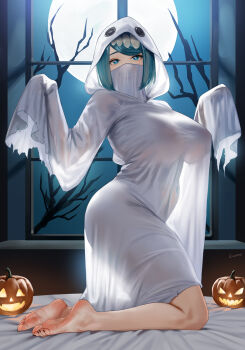 1girl alternate_breast_size_(larger) artist_name bare_tree barefoot bed_sheet black_nails blue_eyes blue_hair blush breasts dress easonx ghost_costume halloween_costume highres indoors kneeling lana&#039;s_mother_(pokemon) large_breasts looking_at_viewer mature_female night night_sky nintendo on_bed pokemon pokemon_(anime) pokemon_sm_(anime) pumpkin sky sleeves_past_fingers sleeves_past_wrists solo swept_bangs toenails toes tree watermark white_dress window