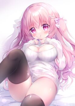 1girl black_thighhighs blush bow breasts chiika_(cure_cherish) cleavage cleavage_cutout clothing_cutout dress hair_bow hair_ornament hairclip knee_up large_breasts long_hair long_sleeves looking_at_viewer open-chest_sweater original panties parted_lips pink_hair ribbed_sweater shadow simple_background solo sweater sweater_dress thighhighs thighs two_side_up underwear white_background white_bow white_panties