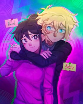 1boy 1girl alternate_costume alternate_hairstyle alternate_universe antenna_hair artist_name aubrey_(faraway)_(omori) aubrey_(omori) basil_(faraway)_(omori) basil_(omori) black_eyes black_hair body_switch breasts bright_pupils closed_mouth commentary double-parted_bangs english_commentary hair_between_eyes highres hug hug_from_behind long_sleeves looking_at_another medium_breasts omori personality_switch pink_sweater ribbed_sweater scar scar_on_face scar_on_hand scar_on_neck short_hair sidelocks smile sweater white_pupils zoewillowz