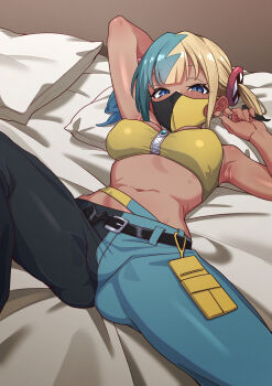 1girl absurdres aqua_hair arm_behind_head arm_up bandeau belt black_belt blonde_hair blush canari_(pokemon) commentary_request head_on_pillow highres looking_at_viewer lying mask mekato midriff mouth_mask multicolored_hair navel nintendo on_back on_bed pants pillow pokemon short_twintails solo split-color_hair stomach twintails two-tone_hair two-tone_mask two-tone_pants yellow_bandeau