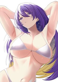 1girl absurdres armpits arms_up bikini blonde_hair breasts cleavage collarbone highres hololive hololive_indonesia large_breasts long_hair looking_at_viewer moona_hoshinova multicolored_hair navel parted_lips purple_eyes purple_hair si_farid simple_background solo stomach swimsuit two-tone_hair upper_body very_long_hair virtual_youtuber white_background white_bikini