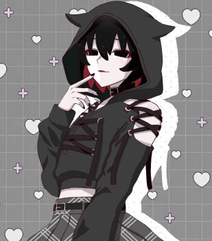 1girl :| absurdres animal_ear_hood arm_at_side ayami_(uz_ani) bare_shoulders belt belt_buckle black_belt black_eyes black_hair black_hoodie black_skirt bob_cut breasts buckle closed_mouth clothing_cutout colored_inner_hair colored_shadow commentary cowboy_shot cropped_hoodie drop_shadow empty_eyes expressionless eyeliner fake_animal_ears finger_to_mouth goth_fashion grey_background grid_background hair_between_eyes hand_up heart highres hood hood_up hoodie lace-up lace-up_top lipstick looking_at_viewer makeup midriff monogatari_(series) monogatari_series_shibuya109_collaboration multicolored_hair narrowed_eyes oshino_ougi pale_skin plaid_clothes plaid_skirt plus_sign polka_dot polka_dot_background red_eyeliner red_lips shadow shoulder_cutout skirt small_breasts solo standing upper_body wavy_mouth