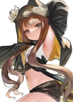 1girl absurdres arknights armpits brown_hair commentary_request dokomon highres hood korean_commentary long_hair navel pepe_(arknights) shorts solo white_background