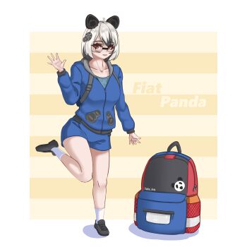 absurdres ahoge animal_ears backpack bag black_hair blue_bag blue_hoodie blue_shorts brown_eyes fiat_panda glasses hair_ornament highres hood hoodie looking_at_viewer multicolored_hair original panda_ears panda_girl shoes short_hair shorts simple_background smile socks square_glasses striped_background takie_arts two-tone_hair white_hair white_socks