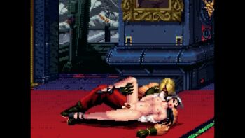 1boy 1girl animated animated_gif blonde_hair breasts hetero kagura_chizuru leg_grab nipples nude on_floor pixel_art priestess rugal_bernstein sex snk spoon spooning the_king_of_fighters vaginal