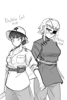 2girls absurdres battle_of_khalkhin_gol belt black_hair breast_pocket breasts china_dress chinese_clothes cowboy_shot dress eyepatch facial_scar fluffkaiser greyscale hair_bun harvin hat highres jacket manchukuo military_uniform monochrome multiple_girls open_collar original pants pocket red_star scar scar_on_cheek scar_on_face scar_on_nose short_hair sidelocks simple_background soviet_army standing star_(symbol) white_background